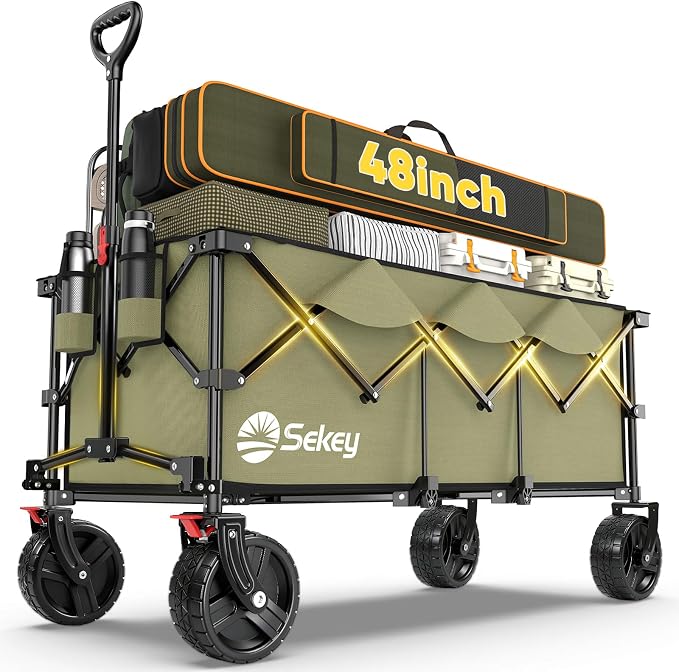 Sekey 48''L Collapsible Foldable Extended Wagon with 660lbs Weight Capacity, Heavy Duty 300L Folding Utility Garden Cart with Big All-Terrain Beach Wheels & Drink Holders. Khaki