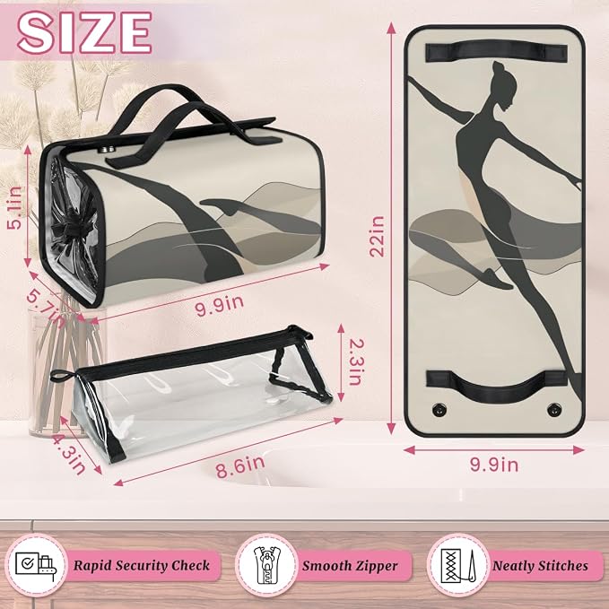 Ballerina Makeup Bag for Women Hanging Roll-Up Travel Organizer Toiletry Kit with 4 Removable Compartments, Dance Ballet