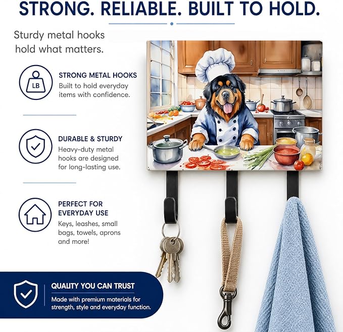 Caroline's Treasures Tibetan Mastiff The Chef Leash or Key Holder Wall Hooks, Key Hooks Holder, Coat Rack Wall Mount, Coat Hooks, Hooks for Hanging Keys, Towels, Aprons, Leashes | Tibetan Mastiff The Chef artwork on ceramic tile with three steel hooks ...
