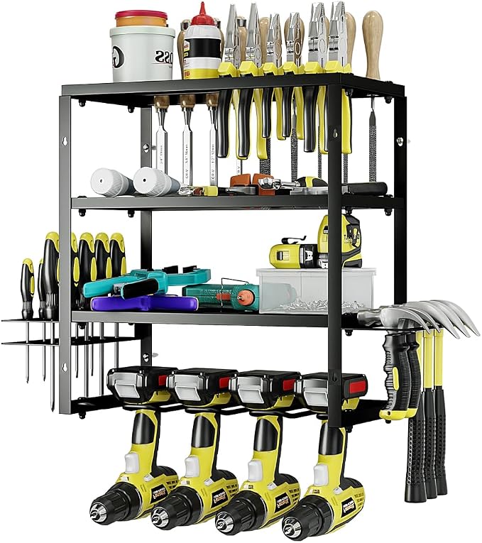 AZERPIAN Power Tool Organizer Heavy Duty Wall Mount Drill Tools Holder | Garage Wall Mount Tool Rack, Workshop Metal Cordless Tool Shelf, 3 Layers Utility Storage Racks for 4 Drill Holders