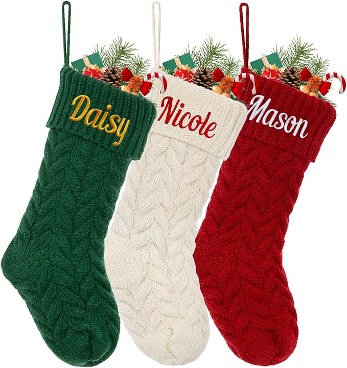 Personalized Christmas Stocking Large Custom Knitted Embroidered Name Xmas Stocking for Family Kids Pets Fireplace Party Decor