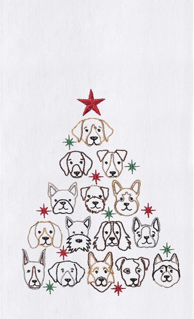 C&F Home Dog Faces Christmas Tree 100% Cotton Flour Sack Dishtowel Xmas Festive Winter Holidays Cute Home Kitchen Drying Dish Hand Towel Machine Washable Embroidered Decor Decoration 18" x 27" White