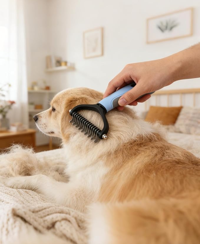 Double Sided Dematting Comb for Dogs & Cats - 2-in-1 Undercoat Rake & Double Coat Dog Brush, Pet Grooming Tool for Removing Mats & Deshedding (Blue)