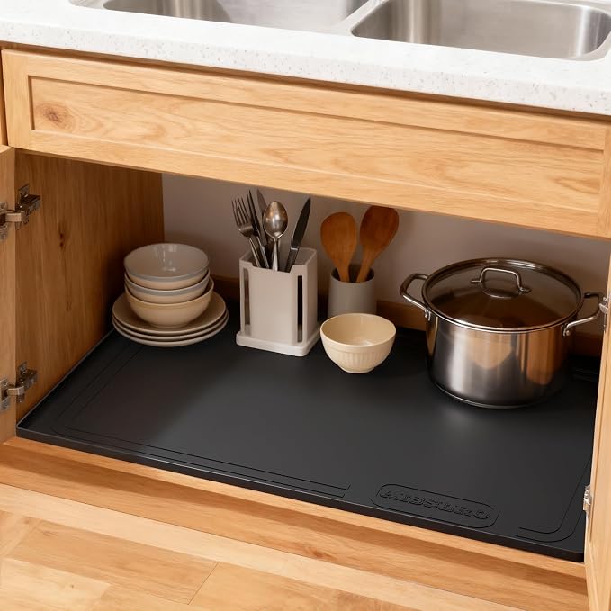 Aisslro Under Sink Mat 25" X 19", Waterproof Silicone Under Sink Mats for Kitchen, Anti-Leak Shelf Liner & Cabinet Protector with Raised Edge, [BPA Free] Bathroom Tray Home Organizer, Black | BPA-Free Raised-Edge Cabinet Protector & Leak Tray for Bathr...