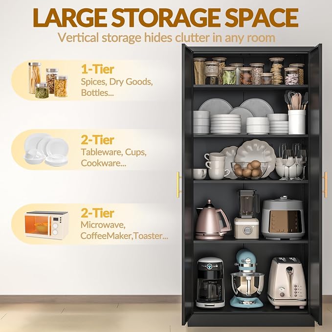 BESFUR Kitchen Pantry Cabinet,71” Metal Tall Pantry Storage Cabinet with Doors and 4 Adjustable Shelves,Kitchen Storage Cabinets Black Freestanding Food Cabinet for Pantries, Kitchen