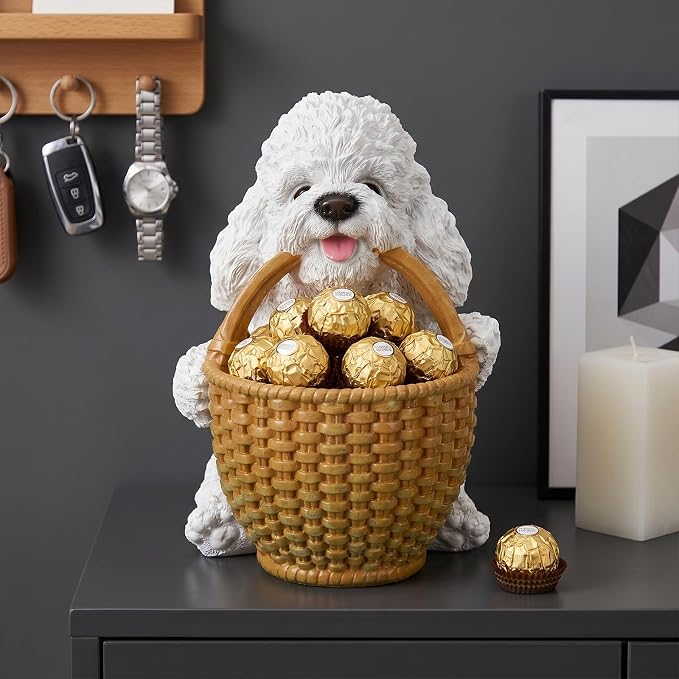 White Poodle Candy Bowl, Resin Dog Figurine Key Bowl for Entryway Table, Desktop Storage Basket Organizer for Desk, Unique Dog Lover Gift