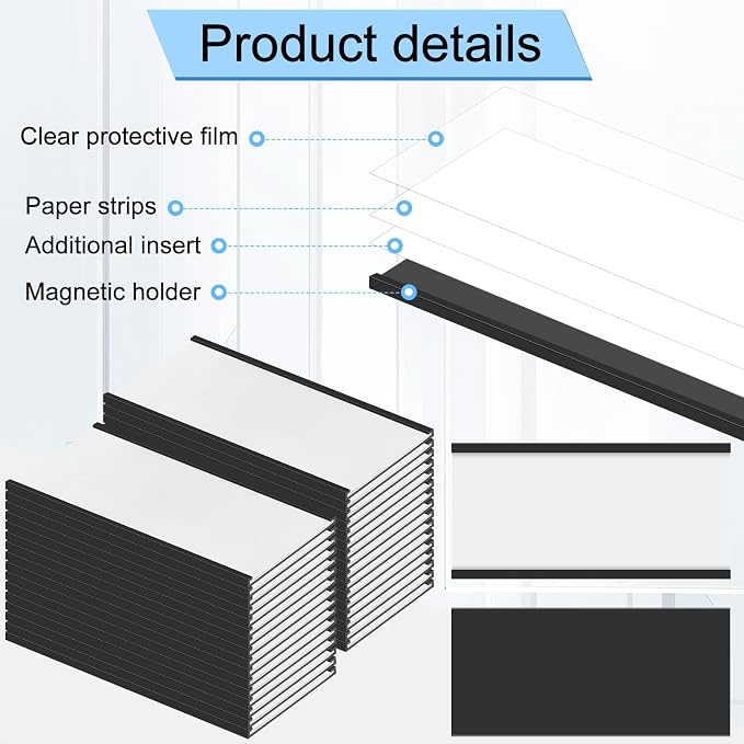 Fulmoon 100 Sets Magnetic Label Holders 4 x 2 Inch C Channel Label Holders Magnetic Name Plate with Clear Plastic Protectors and White Paper Inserts for File Cabinet Shelf Toolbox Drawer
