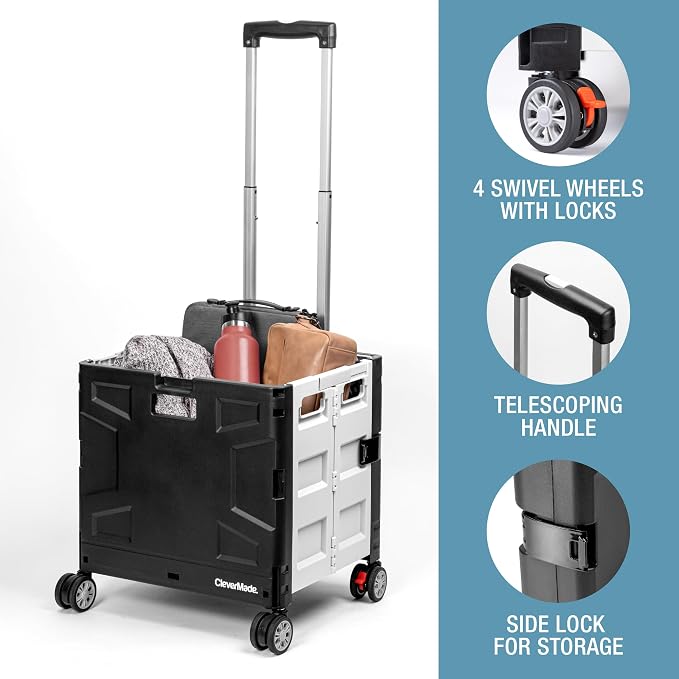 CleverMade Collapsible Rolling Crate with Lid, 35L, 4-Wheel, Cool Gray | Move Heavy Supplies in Any Direction | Four Swivel Wheels and a Telescoping Handle Guide 75 lb, Then Fold to 3.5 Inches