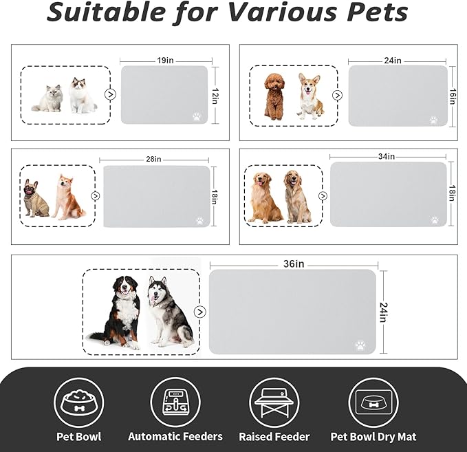 HotLive Dog Food Mat - Absorbent Cat Mat for Food and Water, No Stains Pet Feeding Bowl Mat, Easy to Clean Pet Placemats, Quick Dry Dog Water Dispenser Mat for Messy Drinkers | Paw Light Grey 18"x 28"