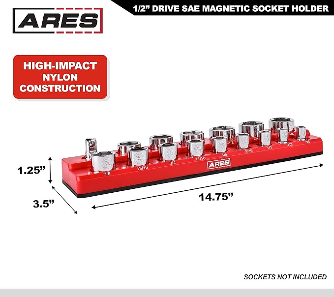 ARES 70236 16-Pc 1/2-In SAE Magnetic Socket Organizer | Part No. 70236; Holds 15 Sockets and 1 Socket Adapter; Keeps Your Tool Box Organized