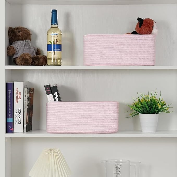 3 Pack Storage Baskets for Organizing, 13.7×9.5×6.3", Mixed Pink | Woven Baskets for Shelves, Cotton Rope Basket for Gifts Empty, Closet Organizer Bins with Handles, Cube Decorative Box