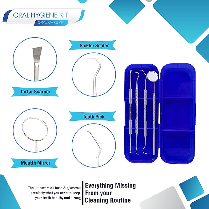 Dental Care Set Dentist Tools Kit, Professional Calculus and Plaque Remover Set, Dental Hygiene Kit, Teeth Plaque Remover Tool Metal Tooth Pick and Dental Mirror(Blue)