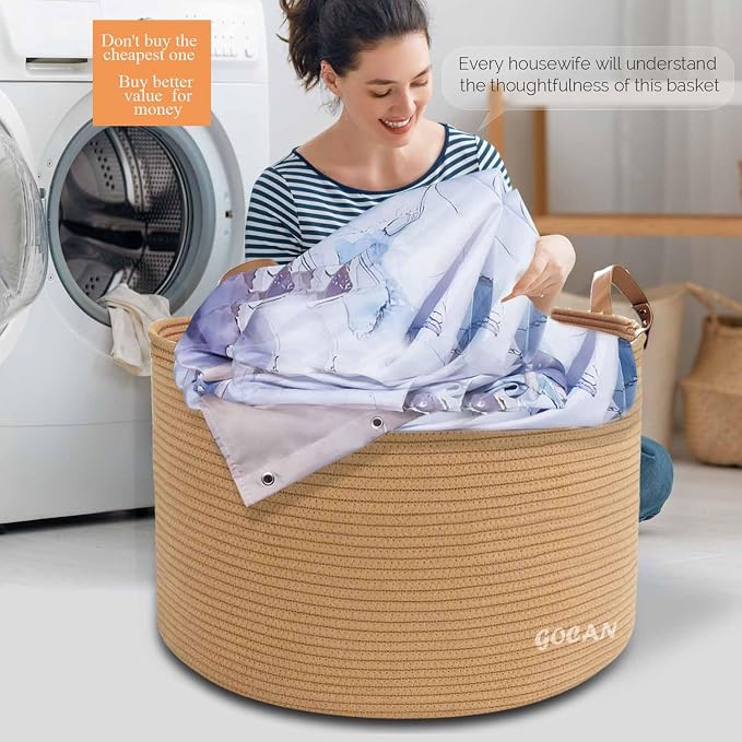 Cotton Rope Woven Laundry Basket 22"X 22"X 14" with handles (Pure Jute)XXXL | Hand-woven, ideal for storing blankets and cushions in the living room, and clothes for household storage.