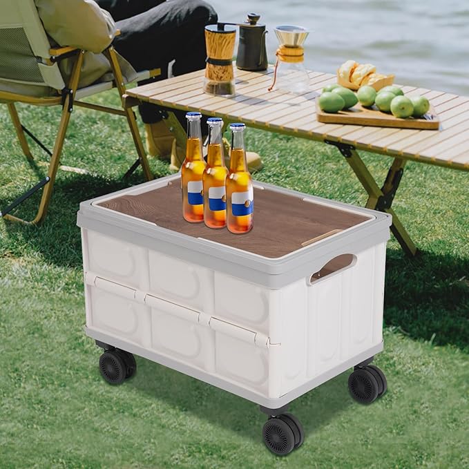 Rolling Foldable Crate with Wheels, Collapsible Rolling Crate with Wooden Cover, Foldable Utility Cart with Wheels for Teachers, 55L 77lbs