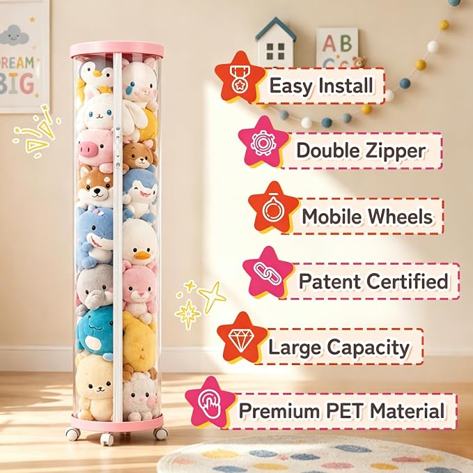 Upgraded Stuffed Animal Storage Tube,Tall (150cm) Plush Organizer with 4 Wheels,Pink PET Clear Bucket & Double Zipper, Space-Saving Toy Storage for Kids Room,Tidy Zoo Bin for Stuffed Animals