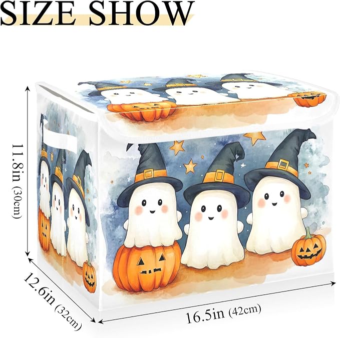 Cute Cartoon Ghosts Storage Bins with Lids and Carrying Handle,Foldable Storage Boxes Organizer Containers Baskets Cube with Cover for Home Bedroom Closet Office