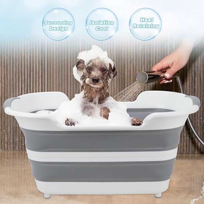 FHTONGE 7.13 Gal/27L Raised Collapsible Dog Bathtub with Drain Fur Catcher | Multifunctional Pet Washtub for Small to M Dog, Portable Puppy Tub Cat Shower Basin Laundry Basket Storage Organize Bucket