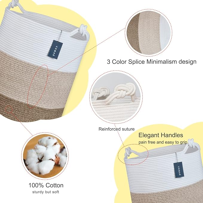COMSE Tall Woven Blanket & Laundry Basket, 72L, White & Gradient Brown | 15.7”x 21.7”, Cotton Rope, Large Nursery Hamper for Storage of Toys Clothes Towels, Great for Living Rooms Bedrooms Bathrooms