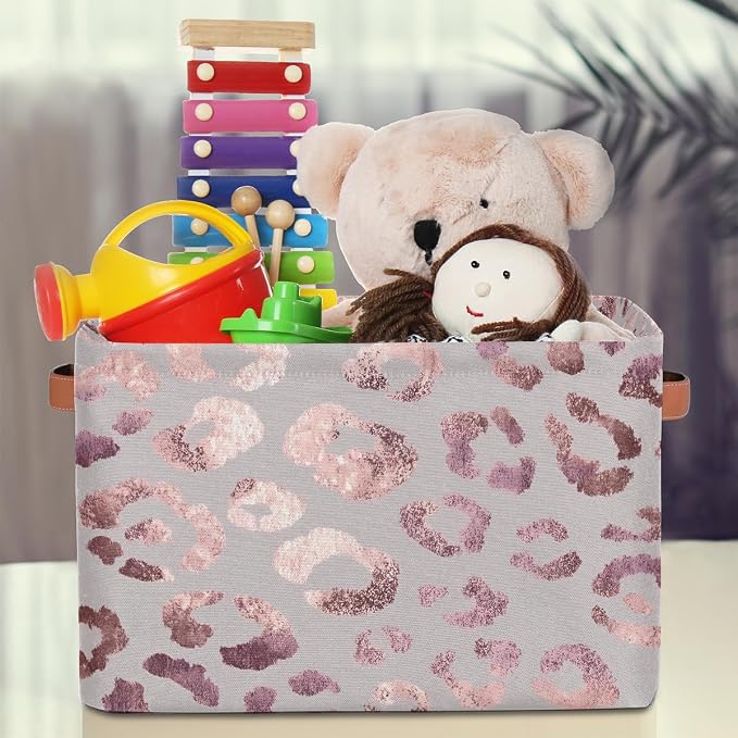 SEULIFE Rose Gold Leopard Print Pink Foldable Storage Basket, Large Collapsible Organizer Storage Bin Cube Toys Storage Boxes with Handles for Bathroom Kids Nursery Closet Storage, 1 Pack