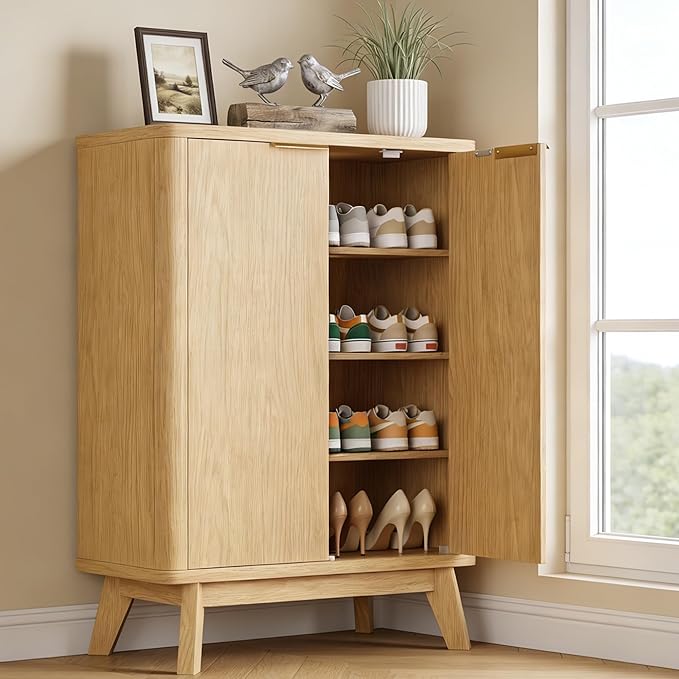 Shoe Cabinet with Doors & Adjustable Shelves, Natural | Modern Wooden Storage Cabinet for Entryway, Mudroom And Apartment, Reducing Clutter And Dust Buildup