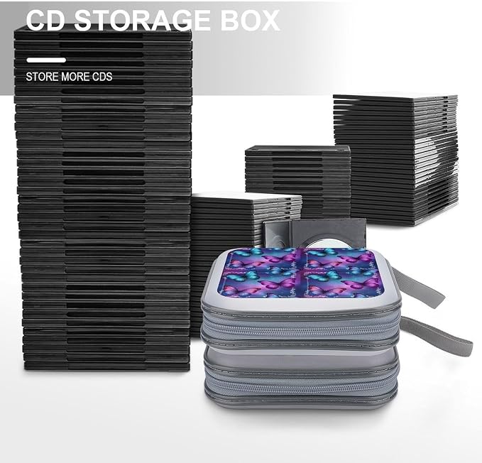40-Disc Hard Shell Storage Wallet Purple Butterfly, DVD CD Binder with Carry Strap, Portable Protective Organizer for Travel Office