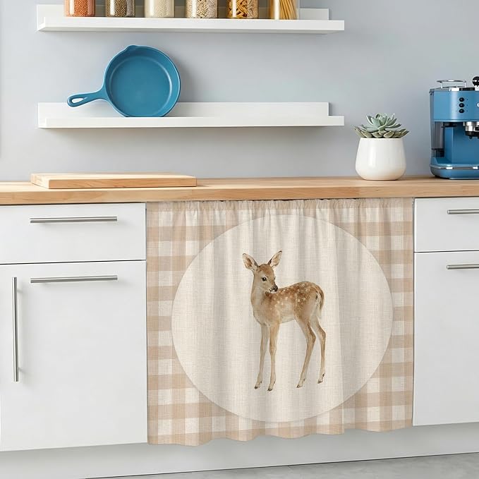 Resting Fawn Oven Skirt Curtain for Kitchen Decor 28"x35", Retro Natural Animals Farmhouse Plaid Self Adhesive Stove Curtains Skirt Cabinet Curtains for Bathroom Laundry Room