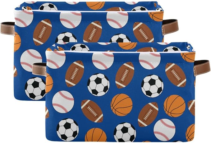 DOMIKING Rectangular Storage Bin Football Baseball Sports Print Storage Baskets with Handles Toy Bins Shelf Basket for Nursery Room Kids Pets Toy Closet