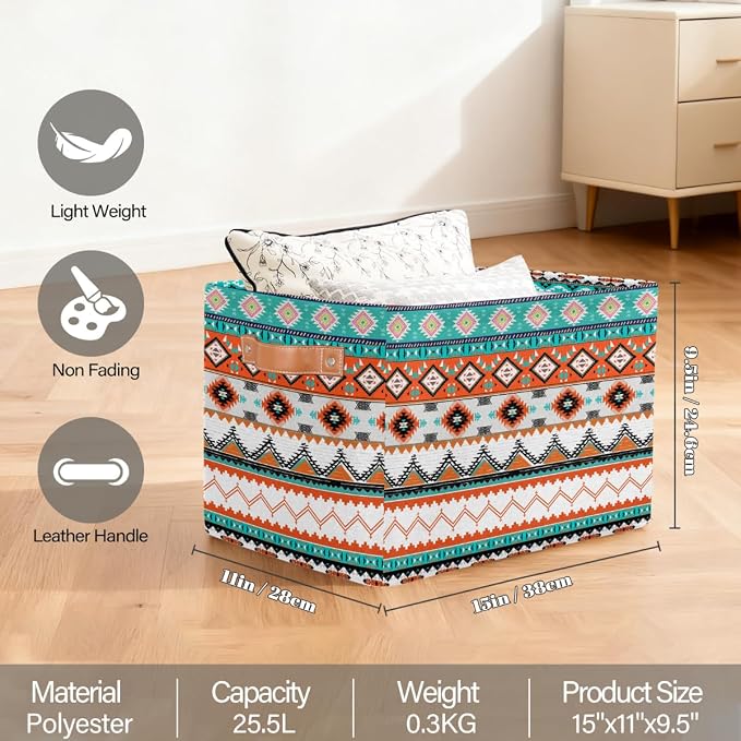 Pardick Storage Baskets Bin, Ethnic Boho Western Collapsible Canvas Fabric Storage Bin Decorative Baskets Toy Organizer Rectangle Storage Boxes with handles for Home Shelves Nursery,Q-12