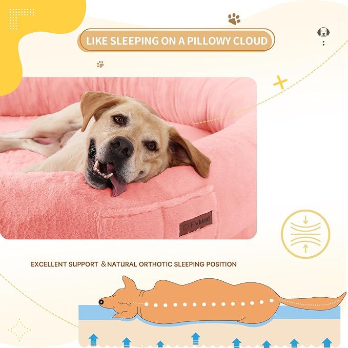 Fvkind Human Sized Dog Beds for People, Human Dog Bed, 70"x33"x12", Pink | Cozy Human Size Dog Bed for Adults and Pets, Thick Orthopedic Egg Crate Foam, Faux Fur Cover, Blanket and Pillow Included