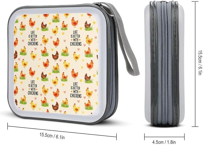 DVD Storage Binder for 40 Discs Life Is Better With Chicken Rooster, Hard Shell Protective Wallet with Handle, Portable CD Organizer for Car Travel