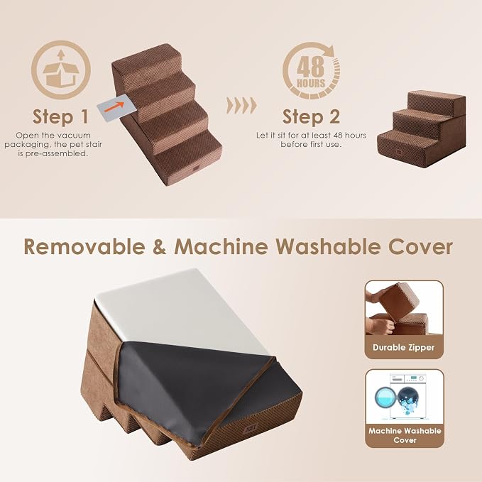 EHEYCIGA Dog Stairs for Small Dogs 13.5" H, 3-Step Extra Wide Dog Steps for Couch Sofa and Chair, Pet Steps for Medium Cats, Non-Slip Balanced Pet Ramp Indoor, Brown