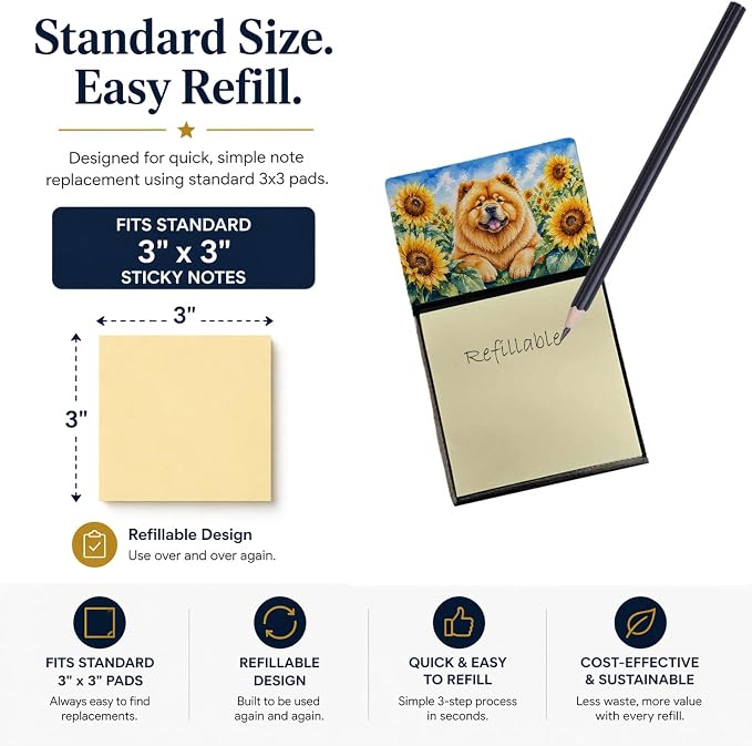 Caroline's Treasures Chow Chow in Sunflowers Watercolor Sticky Note Holder Refillable Dispenser Desk Accessory 3x3 Pad Gift