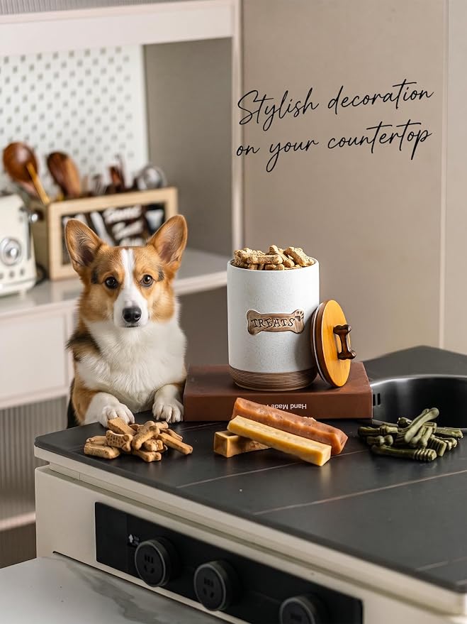 Miamolo Airtight Dog Treat Container, Dog Treat Jar with Lid for Countertop | Ceramic, Cast-iron Handle | Dog Food Storage, Training Pet Treats Canister Farmhouse Gift for Dog Lovers, Bone Glinting White