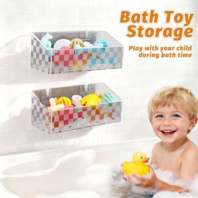 2 Pack Bath Toy Storage Holder, Large Capacity Bath Toy Organizer for Tub | Holder for Bathroom, Bedroom & Kitchen, Organize Shower Toy, Shampoo, Bath & Kitchen Items, ABS Quick-Drying, Sheer Gray