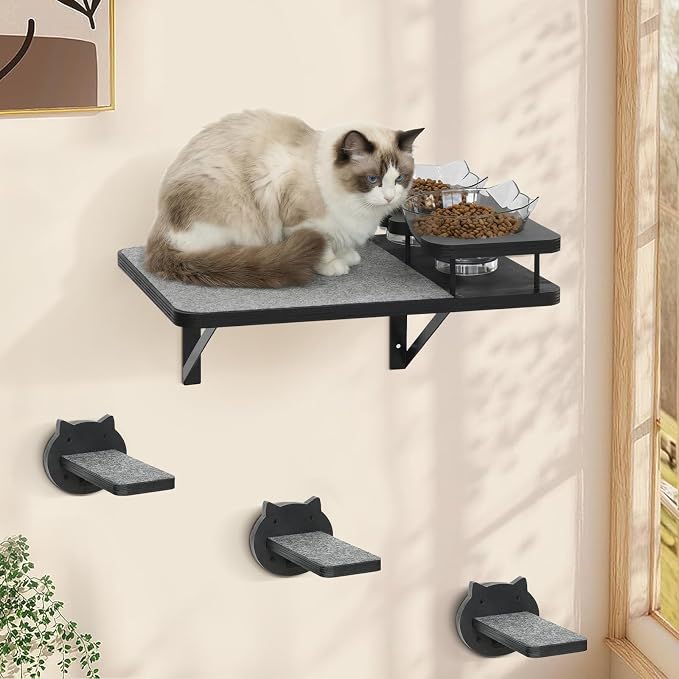 Cat Wall Shelves Furniture Set with 2 Food Bowls, Wooden Cat Climbing Wall Systems with Scratching Pad and 3 Steps, Floating Shelves Bed Perches Wall Mounted for Indoor Fit Up to 15Lbs (Black)