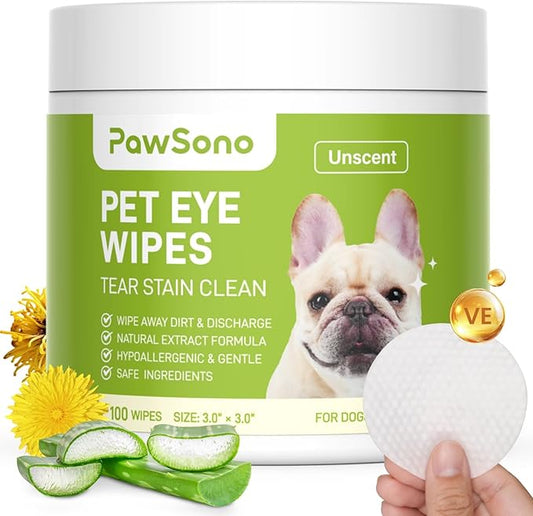 PawSono Eye Wipes for Dogs & Cats, Hypoallergenic Dog Eye Wipes Cleaner, Natural Cleaning Grooming Pet Wipes Gently Remove Tear Stain, Eye Debris, Discharge, Mucus, Non-Irritating, Unscent, 100 pcs