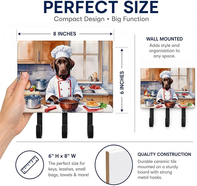 Caroline's Treasures Chocolate Labrador Retriever The Chef Leash or Key Holder Wall Hooks, Key Hooks Holder, Coat Rack Wall Mount, Coat Hooks, Hooks for Hanging Keys, Towels, Aprons, Leashes | Chocolate Labrador Retriever The Chef artwork on ceramic ti...