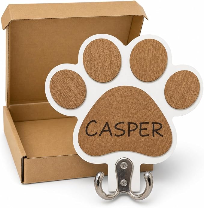 Personalized Dog Leash Holder for Wall, Custom Paw Print Wooden Wall Hook with Pet Name, Double Hook Organizer for Leashes Collars and Keys, Entryway Decor, Gift for Dog Lovers