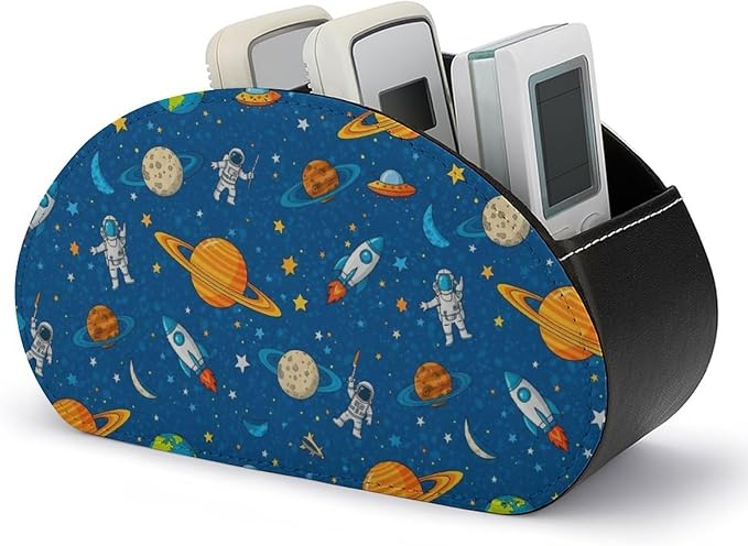 Pu Leather Remote Control Holder Space Astronaut Planets 5 Slot Caddy Box | Space Cute Astronaut Planets Blue Office Desktop Storage Organizer for Controller, Media Player, Stationery Supplies