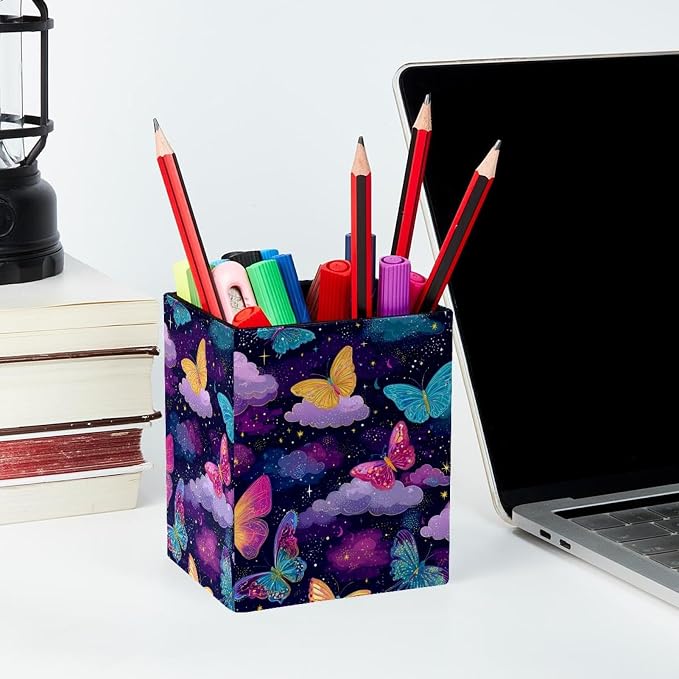 Butterfly Pen Holder for Desk Decor, Rectangular PVC Leather Pencil Cup for Desk Pen Organizer, Makeup Brush Holder for School, Home, Office