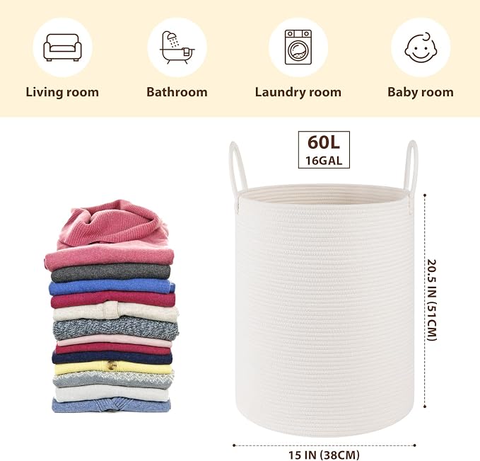 OIAHOMY 60L Nursery Hamper Laundry Basket Laundry Hamper White | collapsible Blanket Basket Cotton Rope Woven Basket Dirty Clothes Hamper Baby Hamper Tall Clothes Hamper with Handles