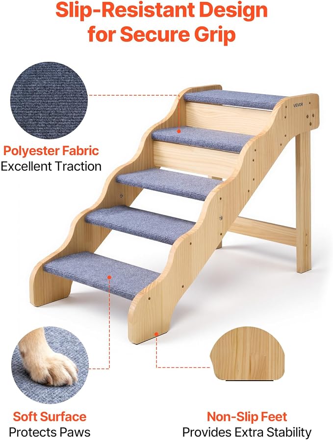 VEVOR Wood Pet Stairs, 5-Step Dog Stairs for High Beds, Sofa & Cars, 150lbs Load Capacity, Non-Slip Surface, Stable Cat & Dog Step Ladder for Small Medium Large Older Pet Puppy Essentials