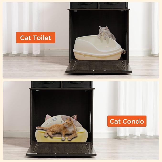 Dwanton Cat Litter Box Enclosure, 2 Storage Shelves and 2 Drawers, 50" H | 2-in-1 Hidden Cat Litter Box Enclosure Furniture with Shelf, Metal Frame, Reversible Entrance, Washable Drawers, Dark Grey