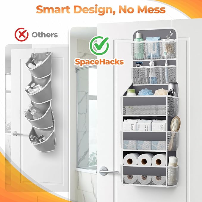 SpaceHacks 5-Tier Over the Door Organizer with Mesh Pockets, Dark Grey | 6 mesh pockets, 3 compartments, adjustable hooks, fits most doors, nursery, closet, bathroom, closet and nursery storage