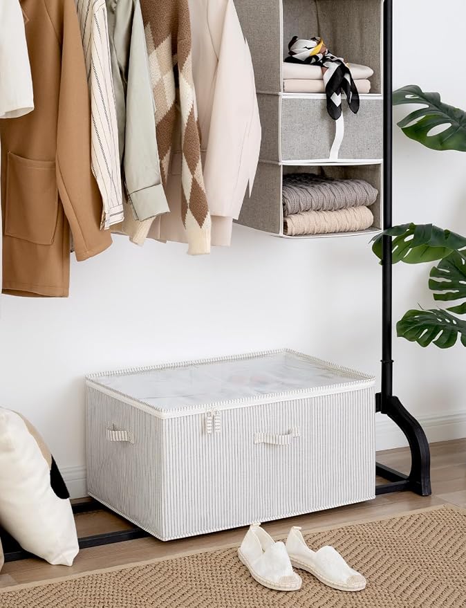 StorageWorks Shoe Organizer for Closet, Fits up to 24 Pairs, Shoe Cubby Storage Containers with Adjustable Dividers and Clear Cover, Khaki and Beige Stripes | Adjustable Dividers, Holds up to 24 Pairs, Foldable, Clear Lid, Soft Handles, Fits Boots, San...