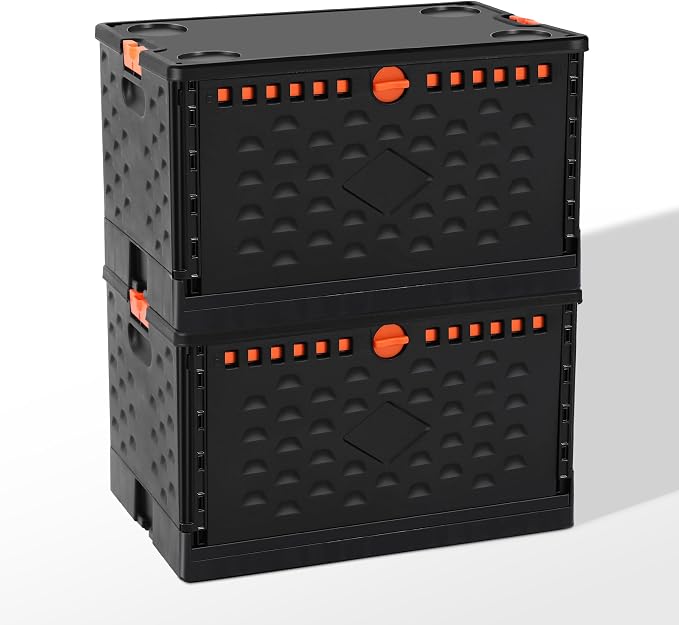 Collapsible Storage Bin with Lid Heavy Duty 16 Gallon Stackable Milk Crate | Durable PP Stackable Design Folds Flat with Secure Lid for Books Clothes Shoes Groceries Trunk and Travel Storage