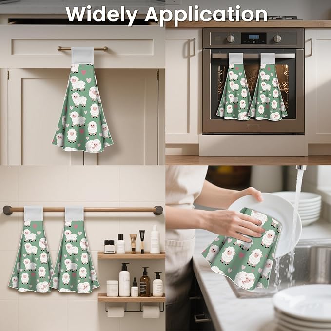 CUTHOLLOW Sheep and Loving Heart Hanging Kitchen Towels with Loop, Set of 2 - Soft & Super Absorbent Microfiber Decorative Hanging Dish & Hand Towel, Tea Coffee Towel for Kitchen Bathroom Oven Handle