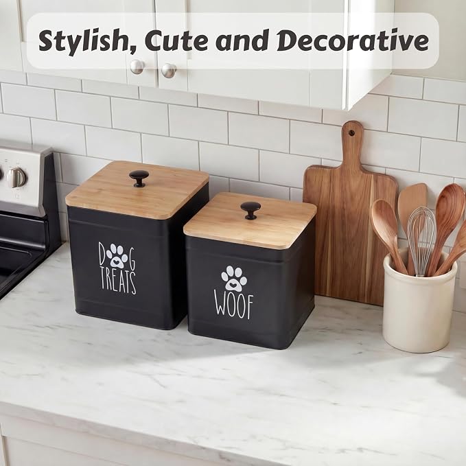 PERFNIQUE Dog Treat Container, Airtight Dog Treat Jar Set of 2, Dog Cookie Jar for kitchen Counter, Pet Treat Container, Dog Treat Canister and Storage, 7.8x6.2 & 7.3x5.5(Black)
