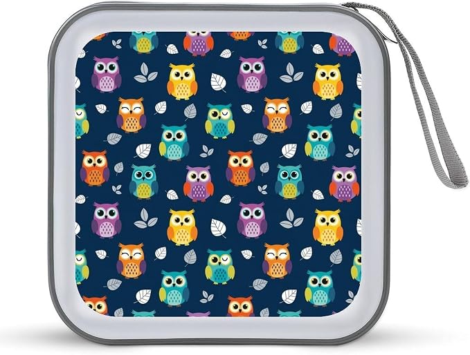 Portable CD Storage Case for 40 Discs Cute Owl, Hard Shell Binder with Handle, Protective Organizer for Car Office Travel