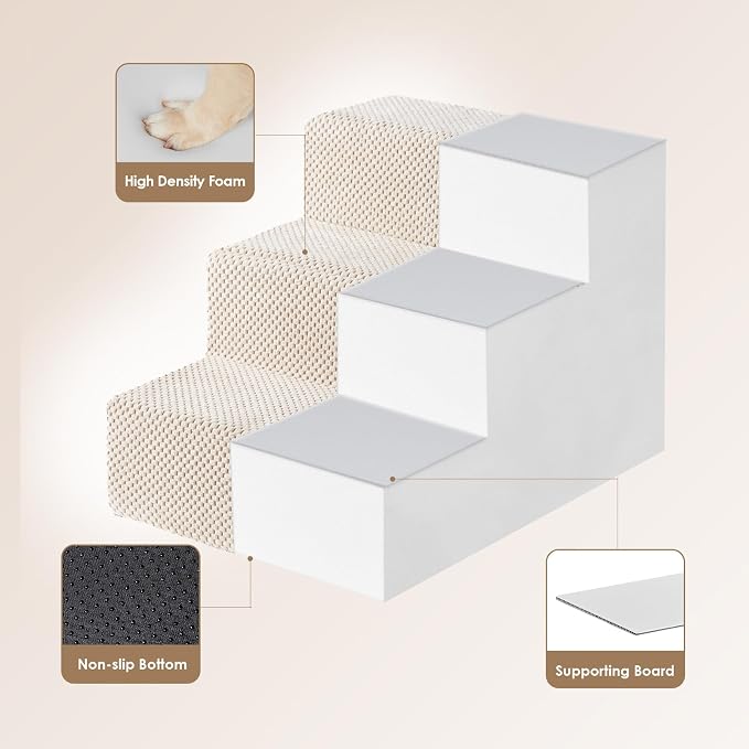 EHEYCIGA Dog Stairs for Small Dogs 13.5" H, 3-Step Dog Steps for Cats, Beige